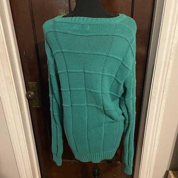 Vintage 80s Green 100% Cotton Harbour Club Sweater Mens Large Square Knit - Picture 4 of 7